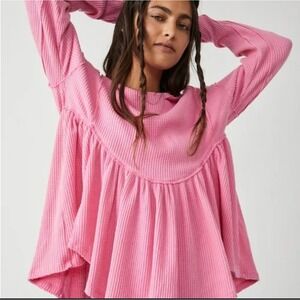 Free People Pink Waffle Knit Oh My Babydoll Long Sleeve Top Size Large